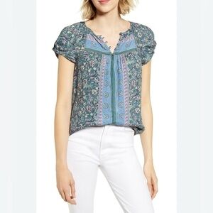 Lucky brand printed paisley floral puff short sleeve 1/4 button blouse Size S